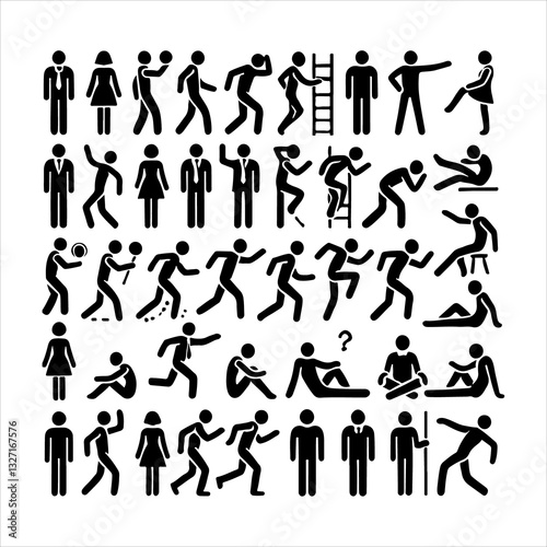 stick figure, set of icons, basic movement, man poses, pictogram human silhouettes