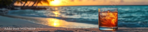 A refreshing tropical cocktail with ice served on a beach during sunset with palm trees in the background. Generative AI photo