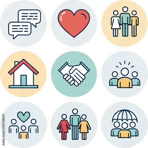 Set of Community-Themed Icons with Editable Stroke in Vector Format