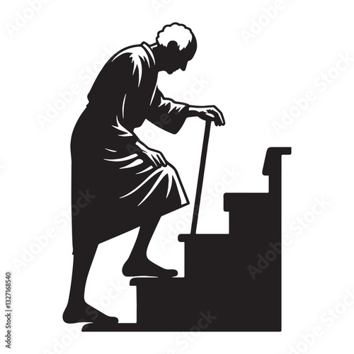 Reflective Climbing Stairs Oldman silhouette, climbing through memories - Oldman illustration - Minimalist Climbing Stairs Oldman vector - Nostalgic ascent
