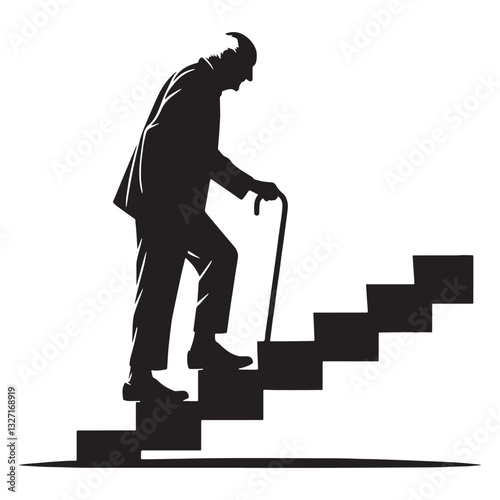 Struggling but Moving Climbing Stairs Oldman silhouette, time’s test of endurance - Oldman illustration - Minimalist Climbing Stairs Oldman vector - Persevering figure
