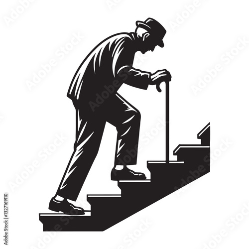 Aged but Unstoppable Climbing Stairs Oldman silhouette, pushing forward - Oldman illustration - Minimalist Climbing Stairs Oldman vector - Unyielding elder
