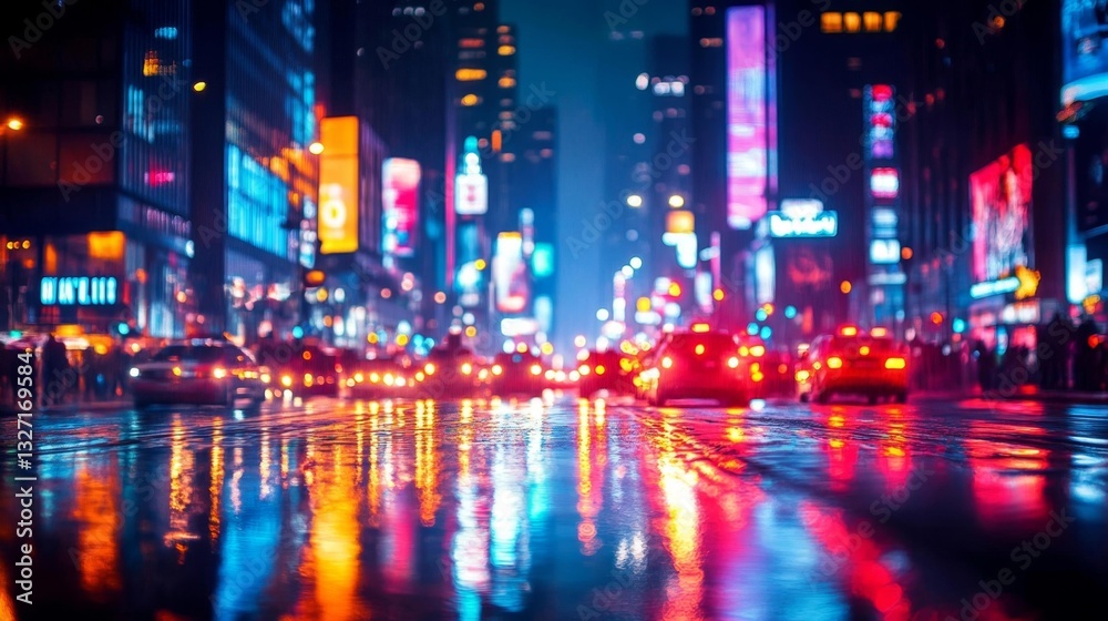Obraz premium Vivid neon-lit street scene at night with cars and reflections on wet pavement capturing the energetic atmosphere of city nightlife. Generative AI