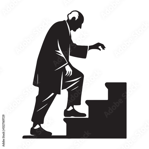 Wise Climbing Stairs Oldman silhouette, reflecting on a lifetime of steps - Oldman illustration - Minimalist Climbing Stairs Oldman vector - Thoughtful elder
