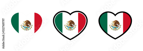 Mexico Flag Heart. Flag of Mexico Heart Shape. Set of Mexican Flag Hearts Vector. 