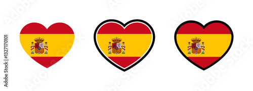 Spain Flag Heart. Flag of Spain Heart Shape. Set of Spanish Flag Hearts Vector. 