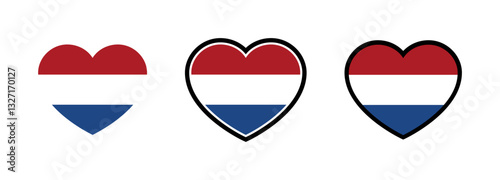 Dutch Flag Heart. Flag of Netherlands Heart Shape. Set of Dutch Flag Hearts Vector. 