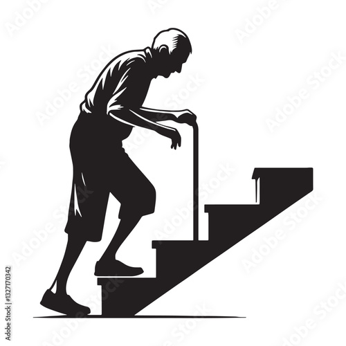 Determined Climbing Stairs Oldman silhouette, overcoming every step - Oldman illustration - Minimalist Climbing Stairs Oldman vector - Aging journey
