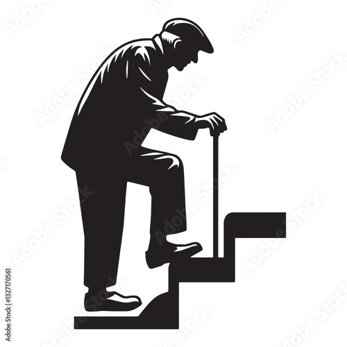 Steady Climbing Stairs Oldman silhouette, moving forward with wisdom - Oldman illustration - Minimalist Climbing Stairs Oldman vector - Elder’s journey
