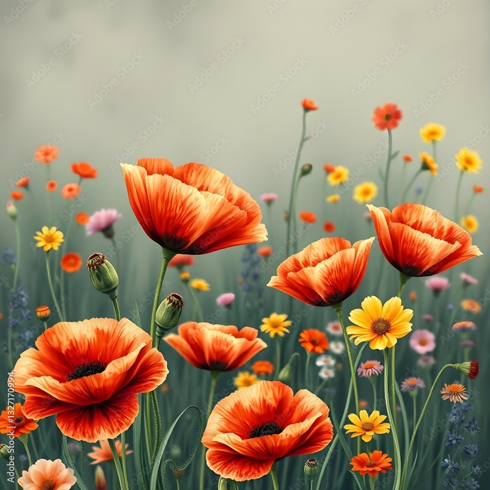 Fototapeta premium A Vibrant Meadow of Poppies and Wildflowers