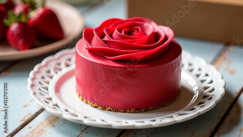 Panna cota cake on a sponge cake, decorated with a rose made of cream. photo