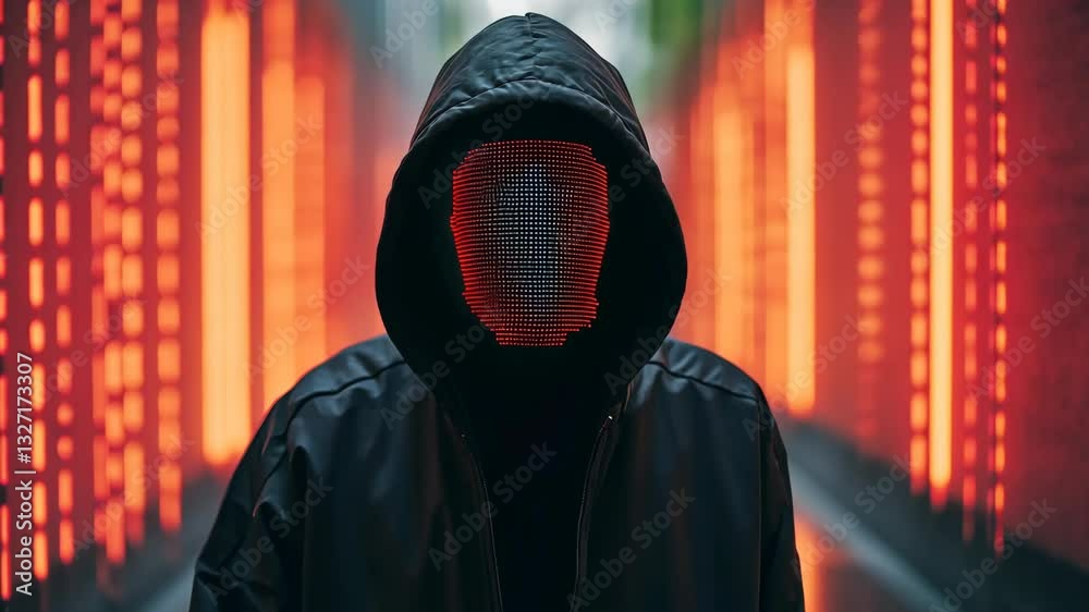 Mysterious figure in a dark hoodie with glowing red lights creating an ominous atmosphere at night