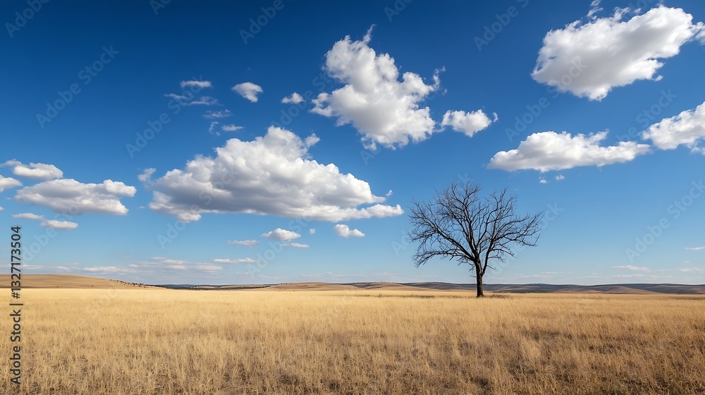 Isolated single tree standing in a golden dry grass field under a bright blue sky with fluffy clouds : Generative AI Isolated single tree standing in a golden dry grass field under a bright blue sky with fluffy clouds : Generative AI
