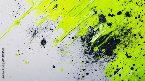 Chaotic splashes in neon green and frosted silver plain background