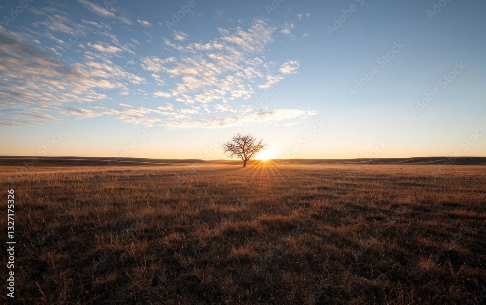 Fototapeta premium Solitary tree silhouetted against a vibrant sunrise over a vast, dry field. The golden light illuminates the landscape, creating a serene and peaceful atmosphere