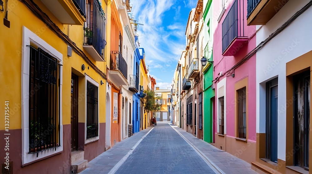 Fototapeta premium Charming vibrant alleyway adorned with colorful homes and a bright blue sky overhead creating a picturesque scene : Generative AI