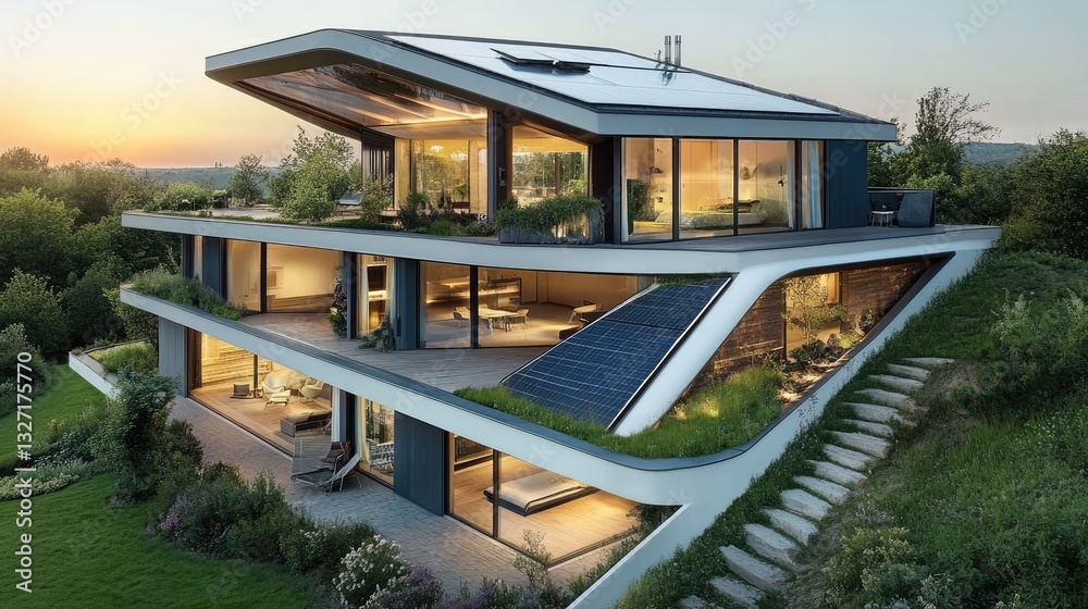 An energy-efficient home concept with insulation layers and solar technology. An energy-efficient home concept with insulation layers and solar technology.