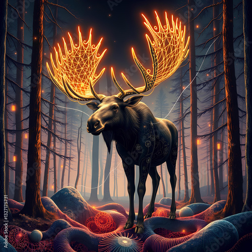 A full-frame moose with antlers made of optical fibers that light up in a futuristic forest