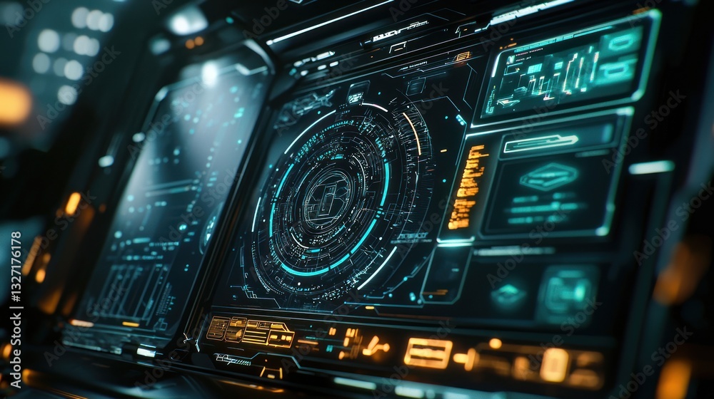 Obraz premium Futuristic Spaceship Control Panel Interface: High-Tech Dashboard Design