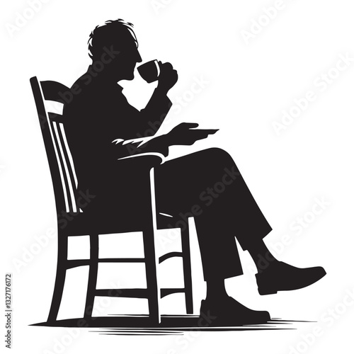 Elderly Drinking Tea Oldman silhouette, a warm drink on a cold day - Oldman illustration - Minimalist Traditional Drinker vector - Cozy figure
