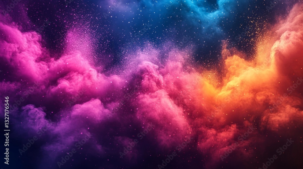 Fototapeta premium A vibrant cosmic abstract design of colorful powder floating in the sky representing the festival of Holi. Generative AI