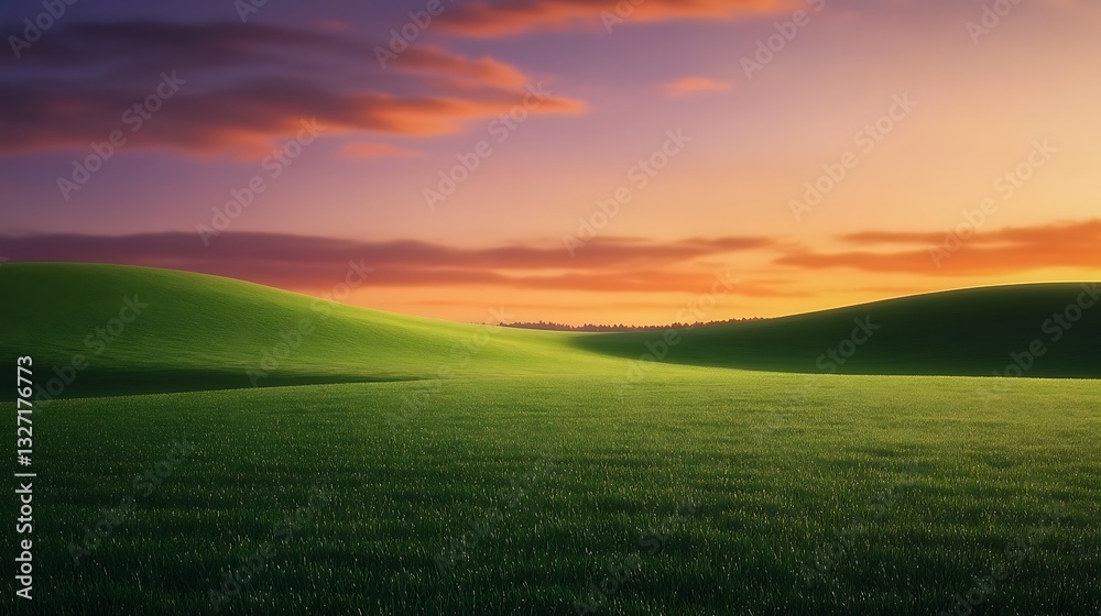 A vast lush green field stretching into the horizon, illuminated by the warm hues of an evening sunset, with the sky painted in shades of orange, A vast lush green field stretching into the horizon, illuminated by the warm hues of an evening sunset, with the sky painted in shades of orange,
