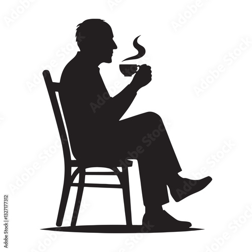 Philosophical Drinking Tea Oldman silhouette, contemplating the essence of life - Oldman illustration - Minimalist Zen Drinker vector - Reflective elder
