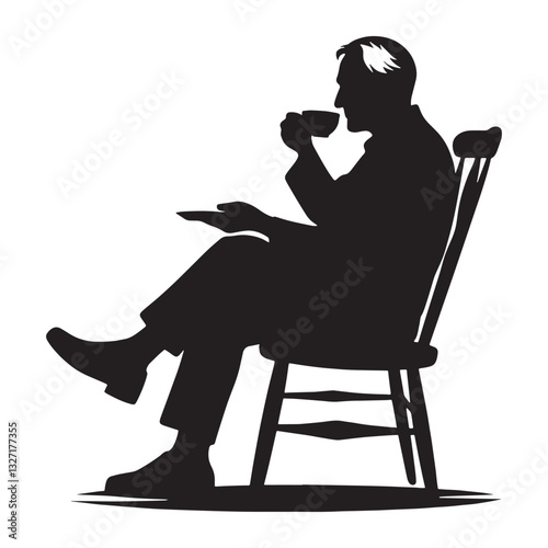 Timeless Drinking Tea Oldman silhouette, a lifetime of stories in each cup - Oldman illustration - Minimalist Tea Ritual vector - Wise elder
