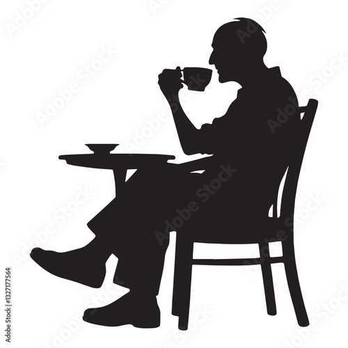 Classic Drinking Coffee Oldman silhouette, a morning routine of wisdom - Oldman illustration - Minimalist Coffee Time vector - Aging gentleman
