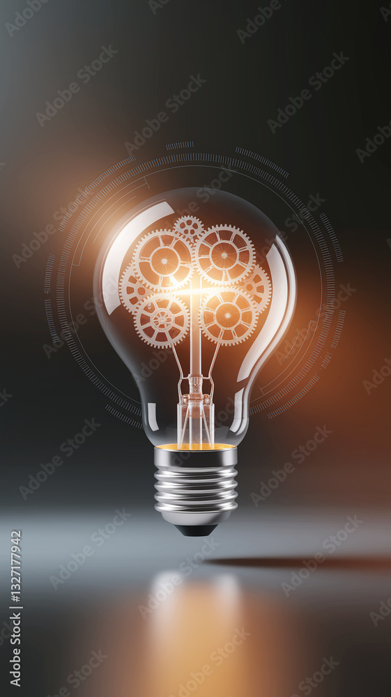 Glass bulb with internal gears, illuminated from within, set against a dark background, showcasing innovation, mechanism, and idea generation Glass bulb with internal gears, illuminated from within, set against a dark background, showcasing innovation, mechanism, and idea generation