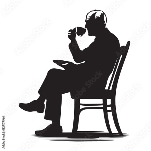 Relaxed Drinking Tea Oldman silhouette, savoring a warm moment - Oldman illustration - Minimalist Tea Drinker vector - Cozy elder
