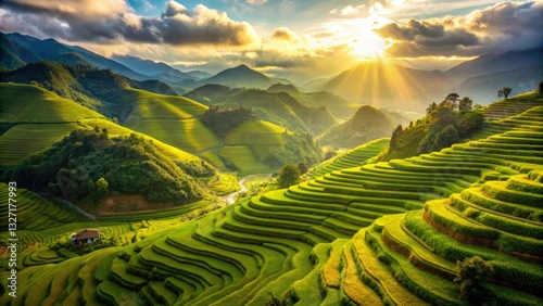 Dramatic mountain vistas embrace stunning aerial views of verdant rice terraces; a landscape masterpiece.