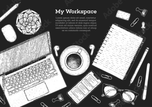 Office desk table top view sketch. Workspace with laptop, notebook, coffee cup, plant, pencil, pen, glasses, headphones. Hand drawn vector illustration. Business concept.
