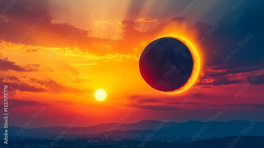 Obraz premium Vibrant Sunset Sky with a Partial Solar Eclipse Taking Place. Generative AI