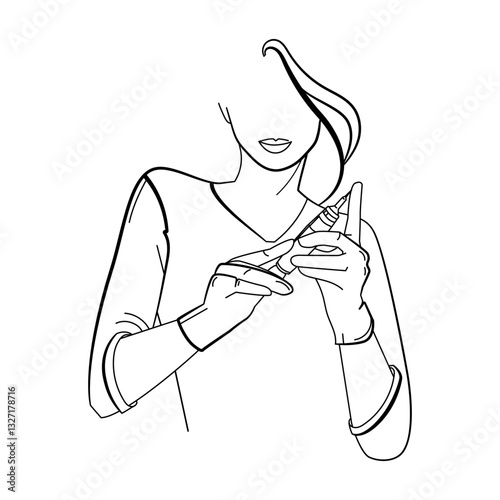 Minimalist line art woman holding a permanent makeup machine, symbolizing cosmetic tattooing and beauty treatments. Perfect for branding, salon logos, beauty industry, educational .Vector illustration