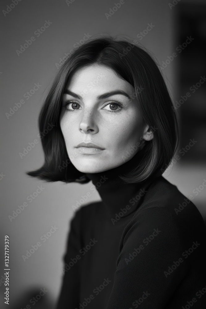 Black and white portrait of a thoughtful Irish woman wearing a turtleneck Black and white portrait of a thoughtful Irish woman wearing a turtleneck