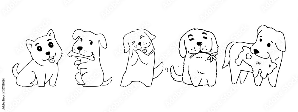 Hand drawn outline of a puppy dog in various poses in doodle style drawing with freehand sketching isolated on white, vector illustration Hand drawn outline of a puppy dog in various poses in doodle style drawing with freehand sketching isolated on white, vector illustration