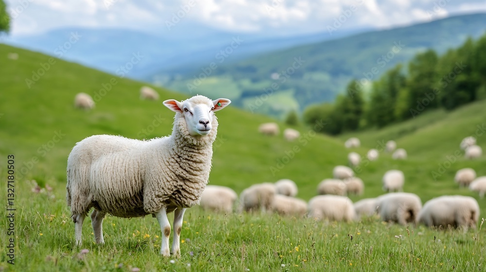 Obraz premium Curious Sheep Grazing on Lush Green Pasture with Rolling Hills in Background : Generative AI