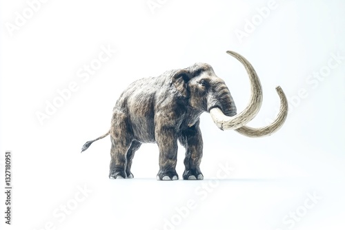 An elephant stands in a snowy environment, its long tusks visible photo