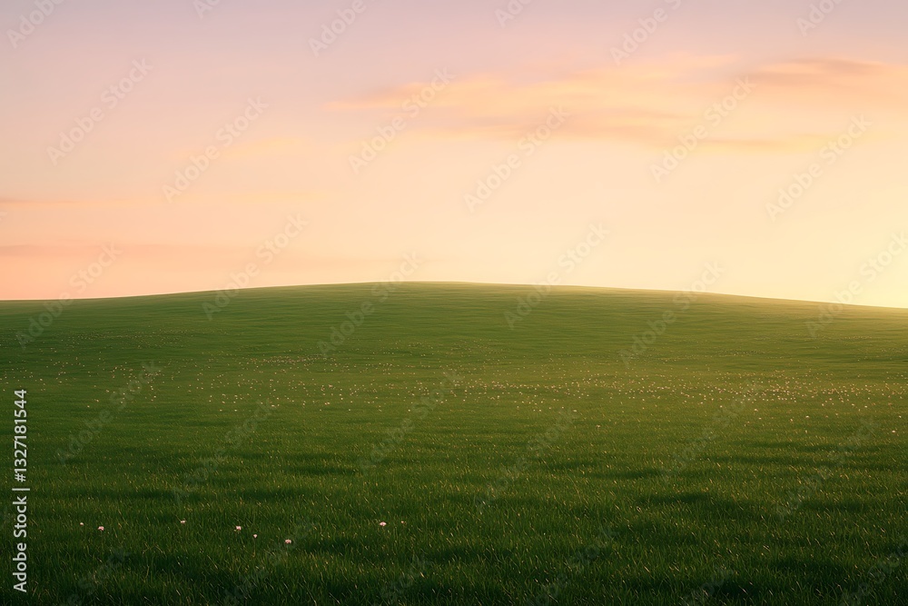 Obraz premium A wide open green pasture in the golden hour of the evening, with gentle slopes and a scattering of tiny daisies, under a serene sky filled with pastel shades of peach and lavender.