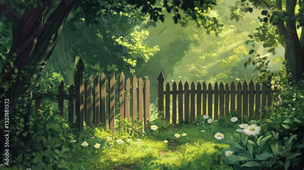 Sun-Dappled Pathway Through Lush Garden Gate Illustration with Vibrant Flora Sun-Dappled Pathway Through Lush Garden Gate Illustration with Vibrant Flora
