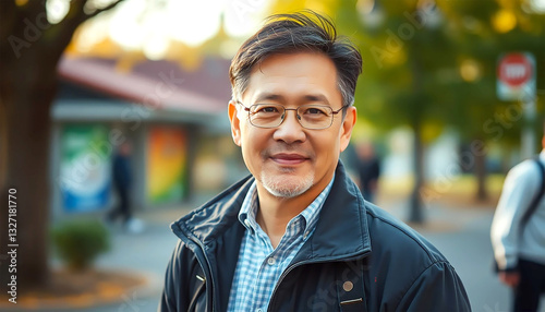 A Kind, Mature Man Smiles Warmly On An Autumn Day, Exuding Peace And Contentment In A Softly Lit Park Setting