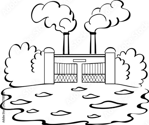 Polluted industrial scene with smokestacks and murky water.
