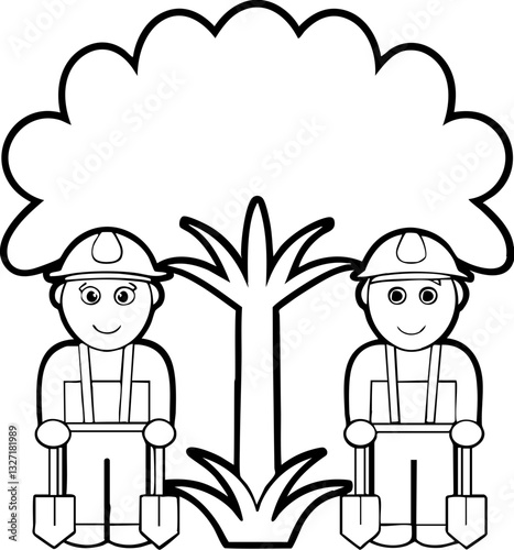 Two smiling workers planting a tree with shovels under a large tree illustration.