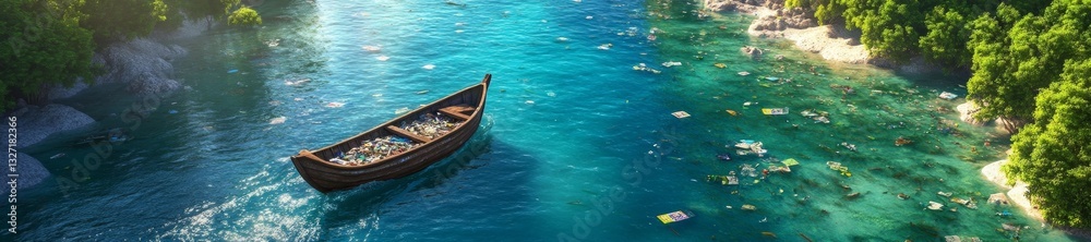 A Boat Navigating Through Polluted Waters with Trash and Oil Slicks. Generative AI A Boat Navigating Through Polluted Waters with Trash and Oil Slicks. Generative AI