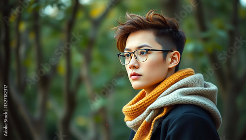 A Pensive Young Man With Stylish Short Hair And Glasses, Wrapped In A Warm Scarf Against A Softly Blurred Autumnal Backdrop