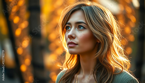 A Pensive Young Woman With Golden-lit Hair Gazes Thoughtfully Into The Distance, Bathed In Warm Sunset Hues With A Blurred Bokeh Background