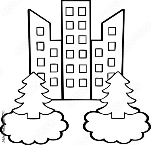 Sketch of a building surrounded by trees and bushes in a simplistic style.