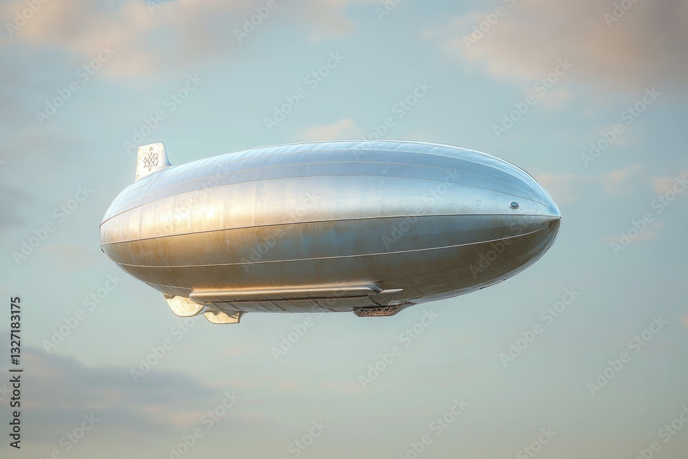 Fototapeta premium A large silver blimp flying through a cloudy sky, great for adventure or travel illustrations