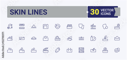 Skin Lines icon collection. Related to facial, woman, moist, collagen, face, anti, cream and more. Wrinkles And Skin line icons set. Trendy minimal icons.